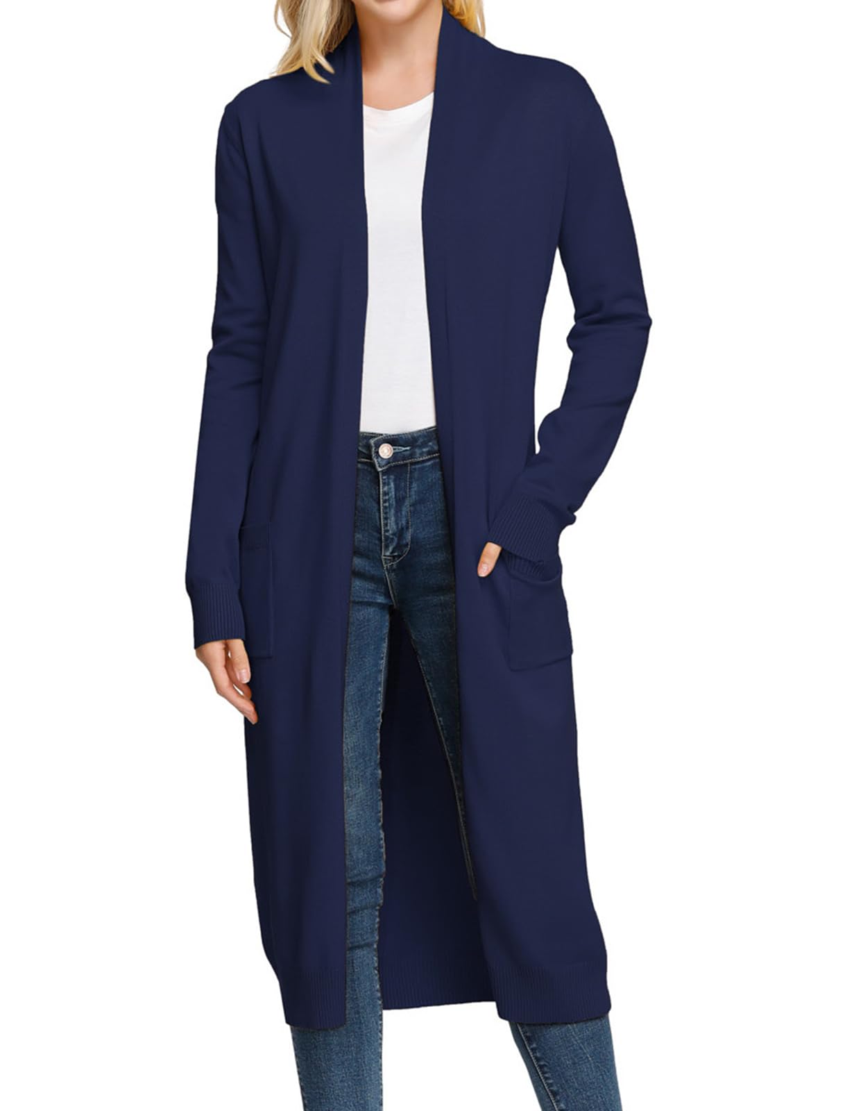 GRACE KARIN Plus Size Navy Cardigan Lightweight Spring Outfits Long Winter Coats with Pockets Casual Basics Womens Clothing Image