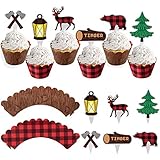 48Pcs Lumberjack Cupcake Toppers & Wood Grain Buffalo Plaid Wrappers, Perfect for Campfire Party Supplies, Lumberjack Theme Birthday Decor, Woodland Baby Shower Decorations, Rustic Woodsy Wedding