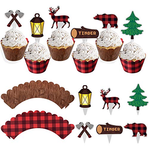 48Pcs Lumberjack Cupcake Toppers & Wood Grain Buffalo Plaid Wrappers