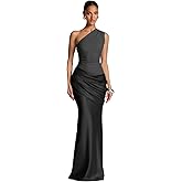 UZN One Shoulder Satin Prom Dresses for Women Long Formal Bridesmaid Dress Maxi Ruched Bodycon Party Gown