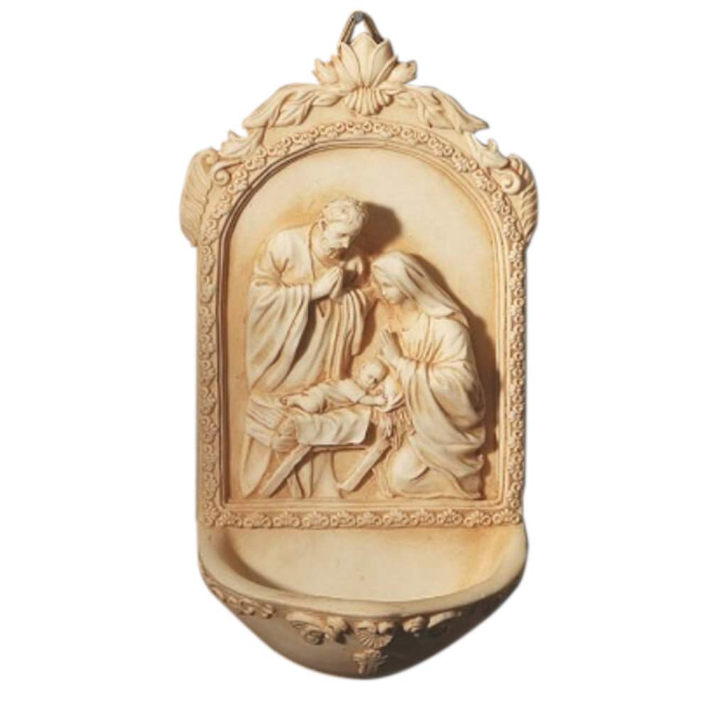AT001 Catholic & Religious Nativity Holy Water Font. Material: Resin Size: 6 1/2 H. Holy Family with St. Mary, Jesus & St. Joseph. Perfect for Entrance of Home or Wedding Gift