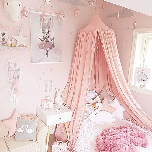 Dix-Rainbow Princess Mattress Cover for Youngsters Child Mattress, Spherical Dome Youngsters Indoor Out of doors Fort Play Tent Hanging Home Ornament Studying Nook Cotton Canvas Coral Pink