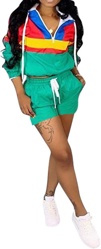 Tracksuit for Women Set - Two Piece Outfits Casual Color Block Windbreaker + Shorts Set Sweatsuits Workout Activewear