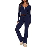 REVETRO Lounge Sets For Women Spring Sexy V Neck Pajama Set Long Sleeve Shirts 2 Piece PJ Set Y2k Workout Sets For GYM