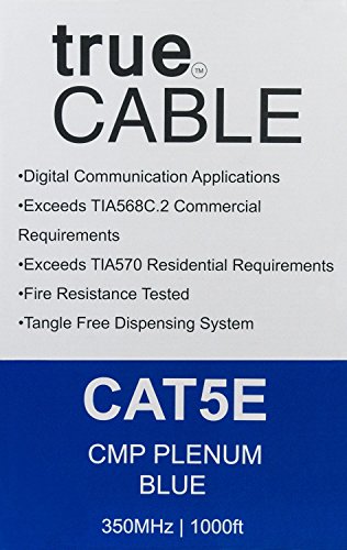 Cat5e Plenum (CMP), 1000ft, Blue, Solid Bare Copper Bulk Ethernet Cable, 350MHz, ETL Listed, 24AWG 4 Pair, Unshielded Twisted Pair (UTP), trueCABLE