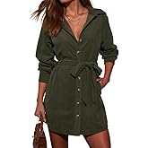 R.Vivimos Corduroy Cotton Mini Dress Fall Winter 2026 Casual Long Sleeve Button Down Belted Shirt Dress with Pockets