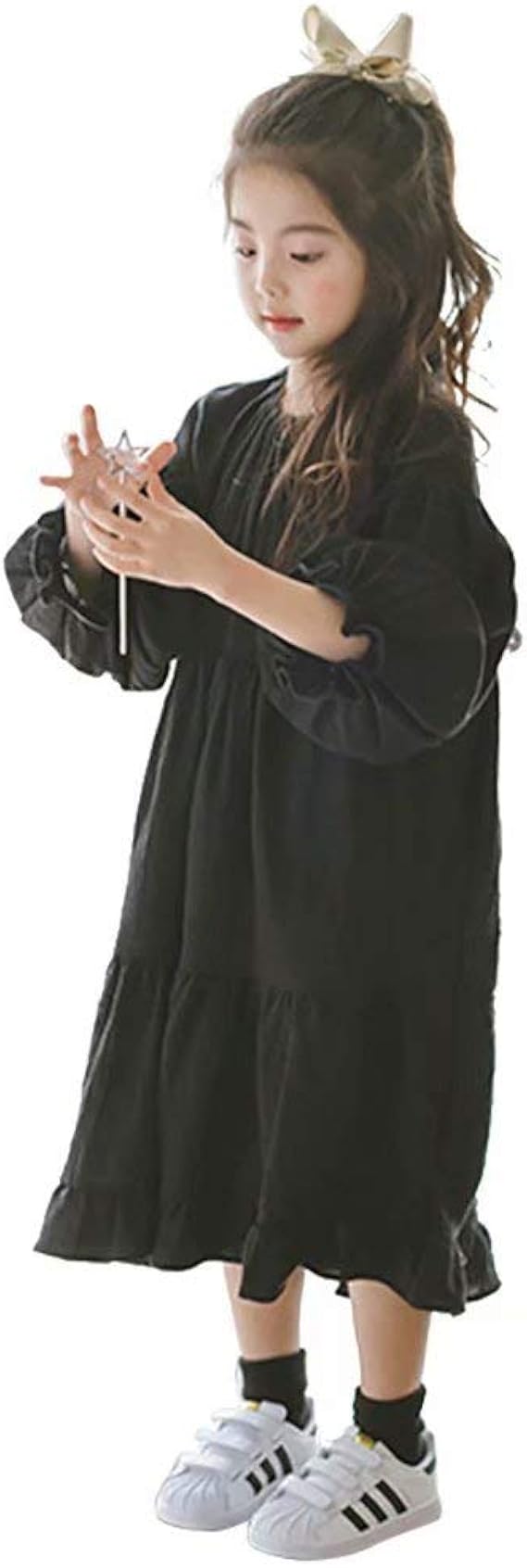 Amazon Amiggoo 春秋 子供 女の子 ワンピース ロング フォーマル 長袖 フレア オールインワン ハイウェスト マキシ 無地 ブラック ルームウェア 記念写真 普段着 葬服 法事 ブラック 100 160cm ワンピース チュニック 通販