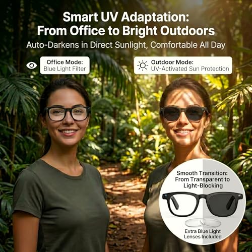 2026 Smart AI Glasses, 8MP 4K POV Camera, AI Assistant, HD Video, Voice Recorder, Meeting Transcriber, Translation, Open-Ear Bluetooth, Photochromic + Extra Blue Light Lenses for Travel & Vlogging