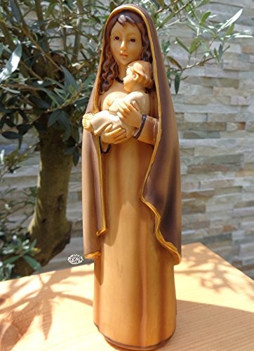 12 - 13 cm ÖLBAUM - Heilige Maria, Madonna GEBEIZT, Mutter Gottes mit Kind, mit braunem, naturfarbenem Kleid / Umhang, Saum d