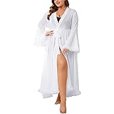 OYOANGLE Women's Plus Size Sheer Ruffle Trim Long Sleeve Belted Robe Bride Wedding Party Long Bathrobe