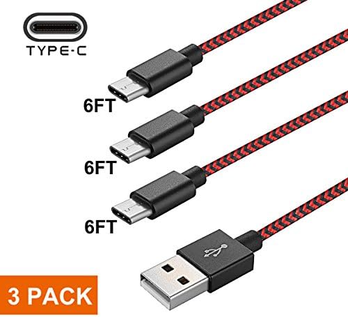 USB Type C Cable, 3 Pack [6FT.6FT.6FT ]Nylon Braided Long Cord USB Type C Fast Charger for Samsung Galaxy S8 +, Google Pixel, LG G6 V20 G5, Nintendo Switch, New Macbook More (Red+Black)