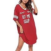 KAMONG Sleep Shirts for Women Short Sleeve Cotton Novelty Night Shirts V Neck Oversized Nightgowns Cute Printed Nightdress