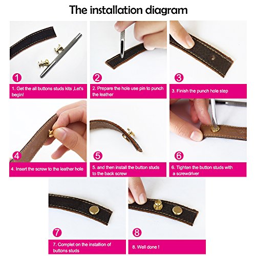 Sam Browne Soild Brass Button Studs ,Yotako 24 Pack Leather Craft Belt Chicago Screws Nail Rivets DIY suitable for Arts and Clothers making with Install Hole punch