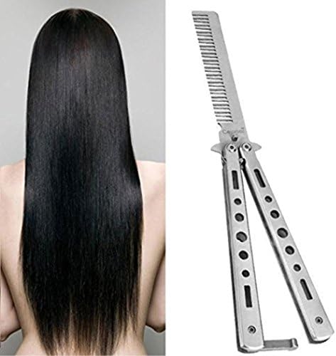 JianLaLa Butterfly Knife Comb Stainless Steel Folding Kinfe for balisong Trainer Lover, Hair And Beard Comb with a black carring case (silver)