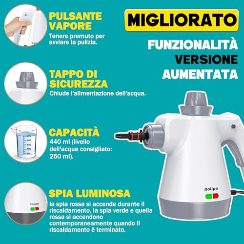 Rolipo Pulitore a Vapore Portatile, Pistola a Vapore Multifunzione Per Uso Domestico, Pressurizzato Con 12 Accessori e Blocco Di Sicurezza, Per La Pulizia Di Cucina, Bagno, Fughe, Finestre, Grasso