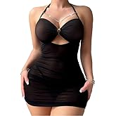 Sexy Lingerie for Women Chain Sheer Ruched Bodycon Mini Lingerie Dress with Thong 2 Piece Sets Babydoll Chemise Party Outfits
