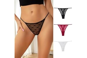 Women's 3-Pack Sexy Thong Underwear: Mesh & Lace Design, Comfortable Stretch Fit (Black, White, Red)