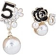 Faux Imitation Pearl White Black Floral Dangle Drop Earrings Studs for Women