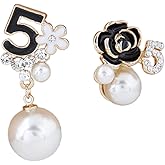 Faux Imitation Pearl White Black Floral Dangle Drop Earrings Studs for Women