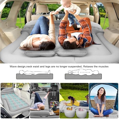 SUV Car Air Mattress for Camping & Travel, Thick Inflatable Bed with Two Pillows, Portable Car Air Pump Included, Comfortable Backseat Sleeping Pad for Outdoor Road Trips (Grey)