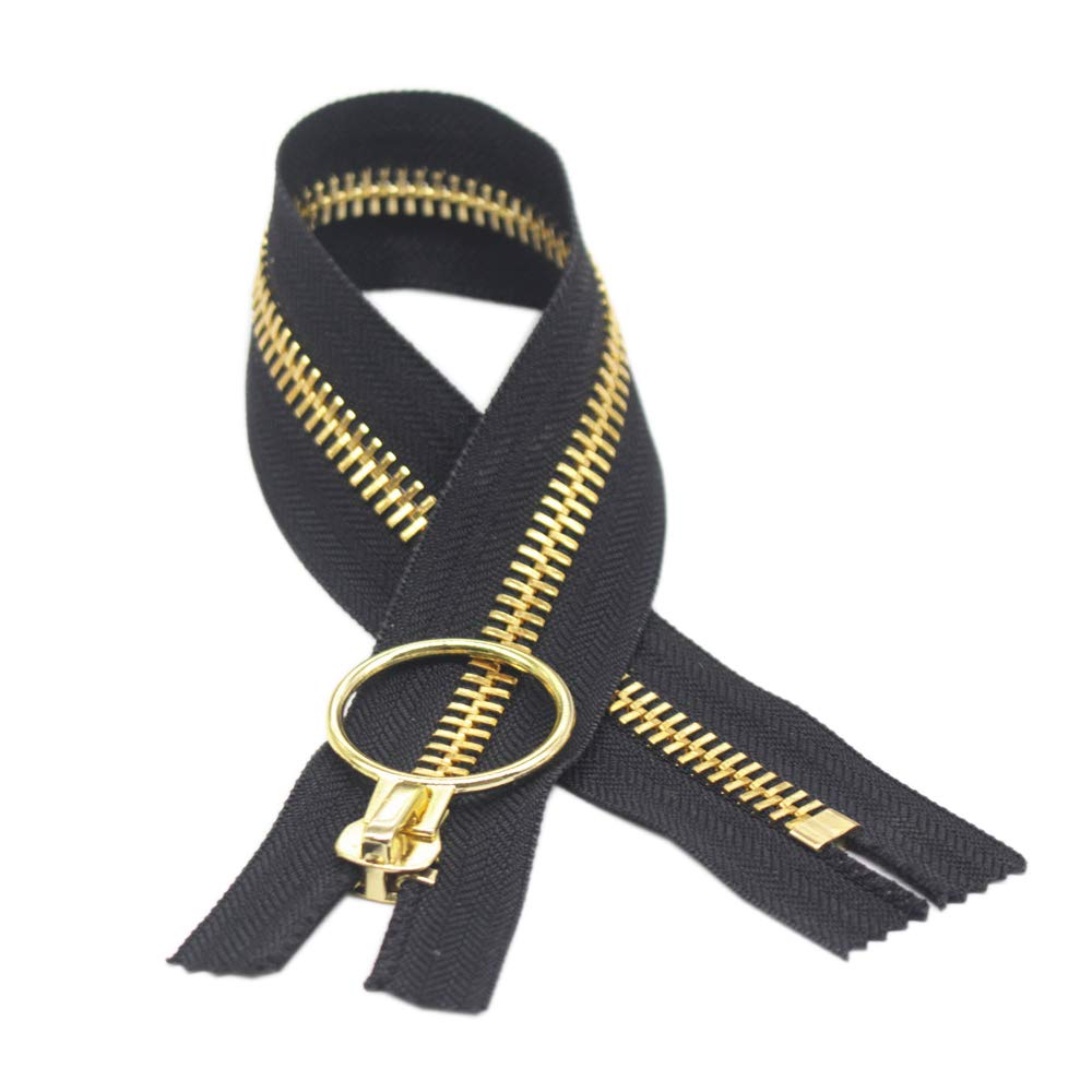 Meillia #10 40CM Large Gold Metal Zippers Closed-end Black Heavy Duty Metal Zipper with Big Ring Pulls for Sewing, Bags, Handbags, Crafts, Decorating (Gold)