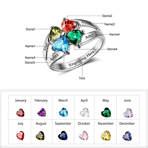 Diamondido Personalized Gift for Mommy Engrave 4 Names 4 Childrens Simulated Birthstone Promise Rings for Women (9)