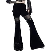 Gothic Punk Pants Black High Waisted Bell Bottoms Goth Mesh Patchwork Pants Emo Y2k Flared Leggings for Women