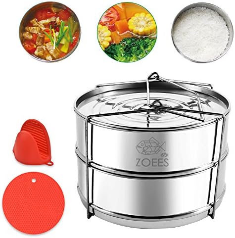 ZOEES Stackable Steamer Insert Pans 5/6/8 Quart Instant Pot Accessories - 18/8 Grade 304 Stainless Steel - Silicone trivet Mat &amp; Mini Mitt Included