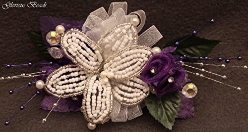 Purple and white BEADED lily wrist Corsage with roses, beads, and rhinestones. Also sold with matching boutonniere. Other colors offered in my Amazon store!