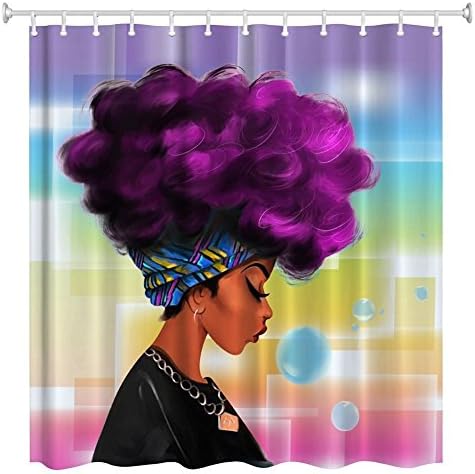 Traditional African Black Women With Purple Hair Hairstyle Watercolor Print Waterproof Mildew Resistant Fabric Polyester Shower Curtain (72 x 84inch )