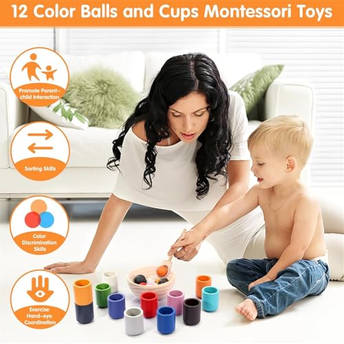 AM ANNA Rainbow Balls in Cups Toddler Montessori Toys for 1 Year Old Up, Kids Preschool Wooden Sorting Toys, Color Matching Games for Learning Sorting and Counting (12 Colors)