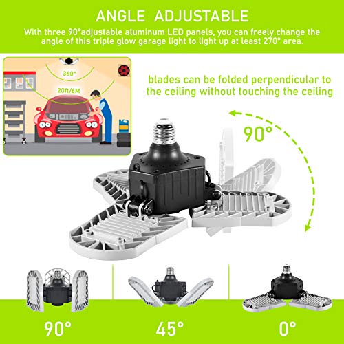 LED Garage Ceiling Lights Deformable LED Garage Lights, 60W 6000LM E26 Base Triple Glow, 6000K Ultra Bright Grey Garage Led Light, for Basement Workshop Warehouse, 2 Pack