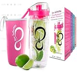 Live Infinitely 32 oz. Fruit Infuser Water Bottles with Time Marker, Insulation Sleeve & Recipe eBook - Fun & Healthy Way to Stay Hydrated (Pink Timeline)