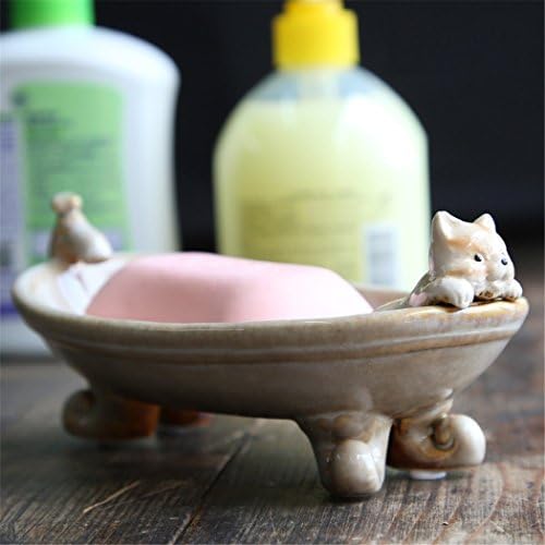 Cimostar Cartoon Design Ceramic Soap Dish,Kitchen &amp; Bath Soap Saver Tray (Cat)