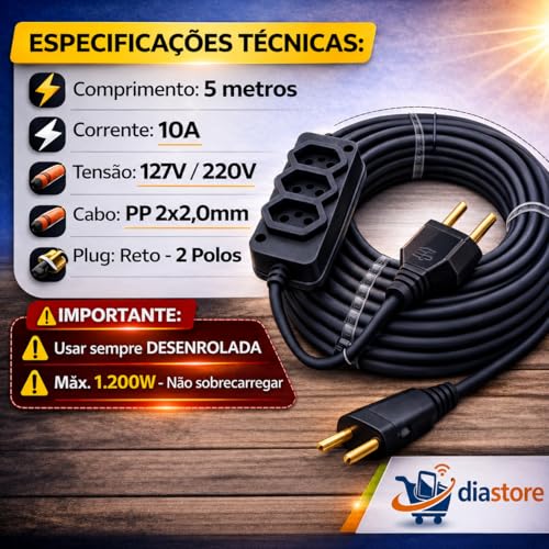 Extensão Elétrica Profissional Reforçada 5 Metros, 3 Tomadas 10A /20A, Cabo PP 2x2,00mm, Bivolt 250V, Preto, Uso Profissional e Residencial - 5m