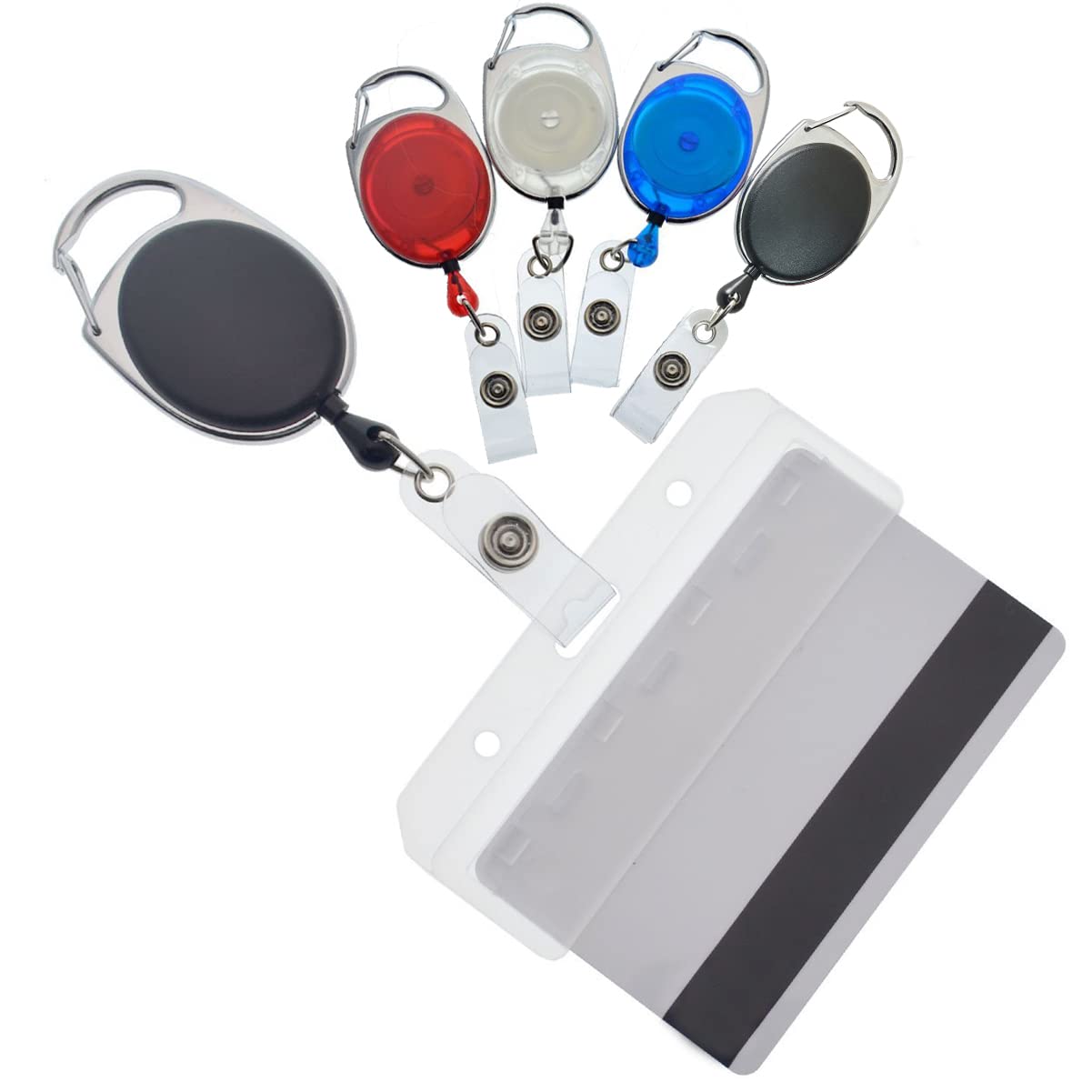 Specialist ID Premium Carabiner Badge Reels with Half Card Badge Holders - Leaves Mag Stripe Exposed for POS and Swipe Cards by (5 Pack, Assorted Colors)