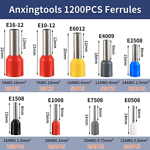 Ferrule Crimping Tool Kit, Hexagonal Wire Crimping Pliers for 0.08-16mm² with 1200pcs Red Copper Wire End Terminals, Ratcheting Wire Crimping Tool Kit