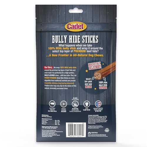 CADET BULLY HIDE STICKS FOR SMALL DOGS, ALL-NATURAL BEEF PIZZLE, LIMITED-INGREDIENT LONG-LASTING DOG CHEWS FOR AGGRESSIVE CHEWERS, 4 COUNT