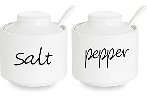 ONTUBE Farmhouse 8oz Pepper and Salt Bowls with Lid and Spoon, Ceramics Condiment Pots,Seasoning Jar Spice Container for Kitchen,Dishwasher Safe (White)
