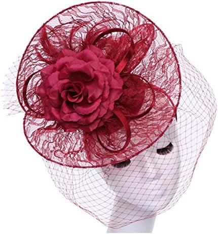 20s Flapper Costume Flower Lace Veil Fascinator Hat, Burgundy