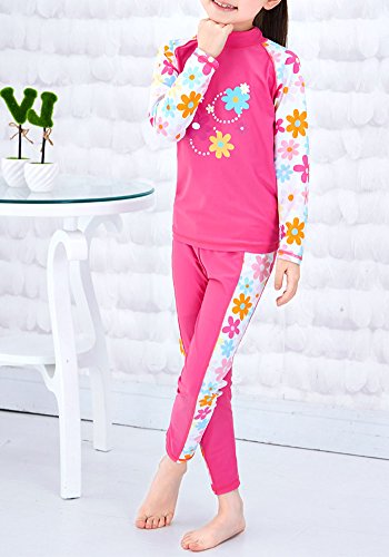 Monvecle Little to Big Girls' Long Sleeve 2-Pieces Sun Protective Rashgurad Set UPF 50+ Rose-1 10-11