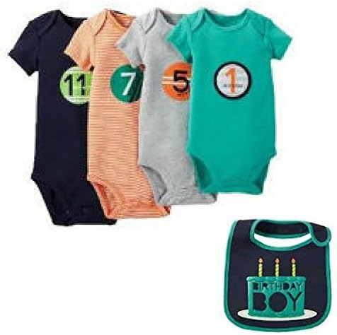 Carters Just One You Happy Birthday Boy Bib And 4 piece Grow With Me Onsies Set