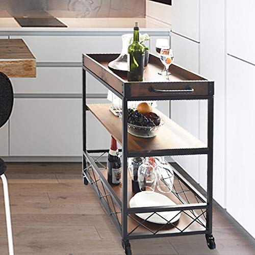 charaHOME Solid Wood Kitchen Serving Carts Rolling Bar Cart with 3 Tier Storage Shelves Kitchen Island Cart with Wine Glass Holder,Handle Racks,Lockable Caster Liquor Cart Removable Top Box Container