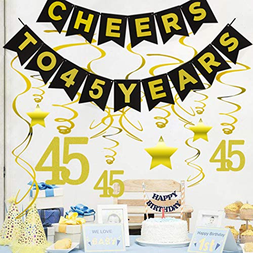 45th BIRTHDAY PARTY DECORATIONS KIT - Cheers to 45 Years Banner, Sparkling Celebration 45 Hanging Swirls, Perfect 45 Years Old Party Supplies 45th Anniversary Decorations