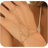 18K Gold Plated Hand Chain Bracelets for Women, Dainty Cubic Zirconia, Heart, Beads, Bamboo Link Charm Bracelet, Trendy Adjustable Finger Ring Bracelet, Hand Chain Jewelry, Christmas Gifts
