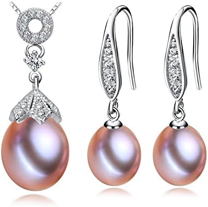 Freshwater Cultured Pearl Necklace Pendant Earrings Set Natural Mysterious Purple color Silver