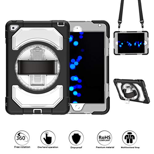 GROLEOA iPad Mini 4 Case, 360 Degree Kickstand Dropproof High Impact Resistant Heavy Duty Armor Shockproof Cover Hand Strap Shoulder iPad Mini 4 (Clear+Black)