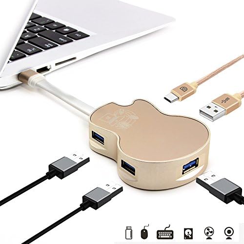4 Ports USB 3.0 Hub Extension Cable with Micro USB 5V/2A Power Input,Elegant Guitar Design Aluminum 4-Port USB Expander for Macbook Mac Book Pro iMac Surface Pro 3 4 PC Laptop Computer Gold