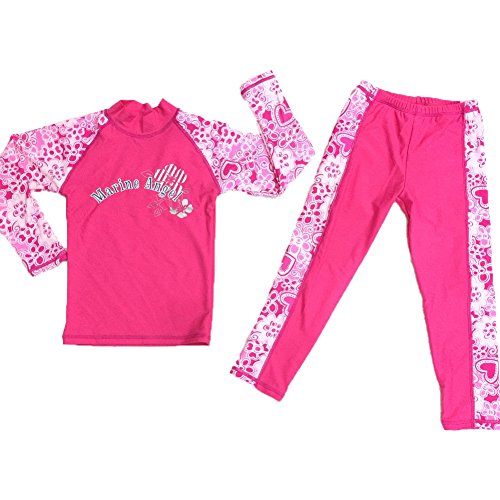 Monvecle Little to Big Girls' Long Sleeve 2-Pieces Sun Protective Rashgurad Set UPF 50+ Rose 6-7