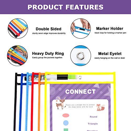 6 Pack Dry Erase Pockets, Dry Erase Sleeves Kids Ages 4-8-12 Assorted Color Oversized 10X14 inch Paper Great for Teachers, School, Home & Office.
